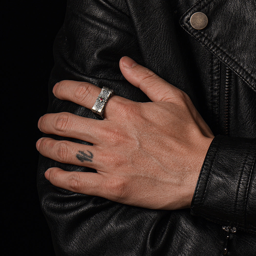 Square Emblem Silver Band | 925 Sterling, studded with Original Ruby