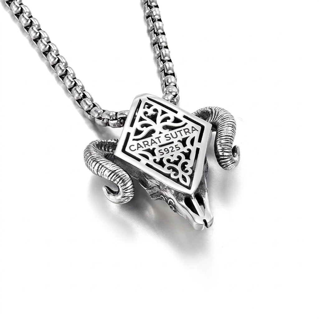 RARE PRINCE by CARAT SUTRA | Unique Designed Horned Ram Pendant for Aries Zodiac for Men | 925 Sterling Silver Oxidized Pendant with Hallmark - caratsutra