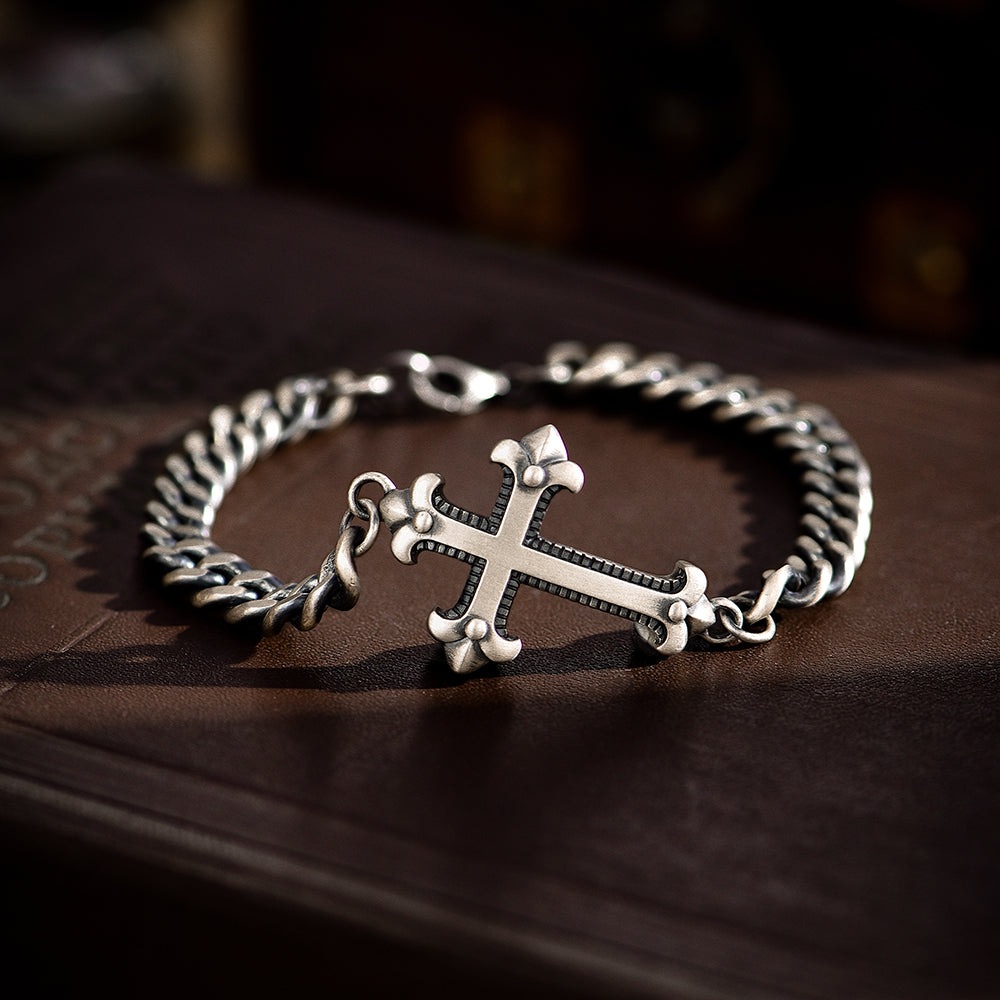 Matt Finish Unique Minimalist Cross Bracelet for Men | 925 Oxidized Silver Bracelet