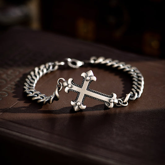 Matt Finish Unique Minimalist Cross Bracelet for Men | 925 Oxidized Silver Bracelet
