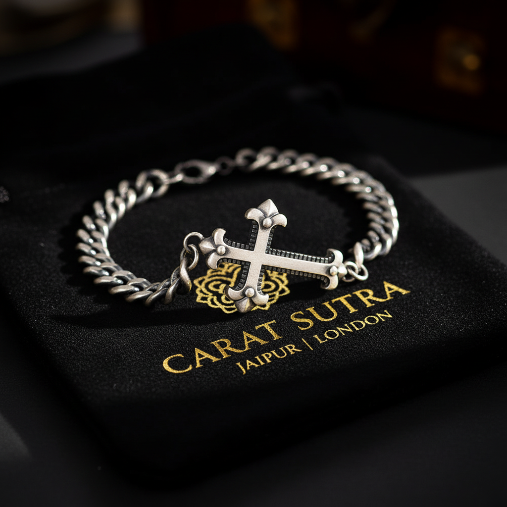 Matt Finish Unique Minimalist Cross Bracelet for Men | 925 Oxidized Silver Bracelet