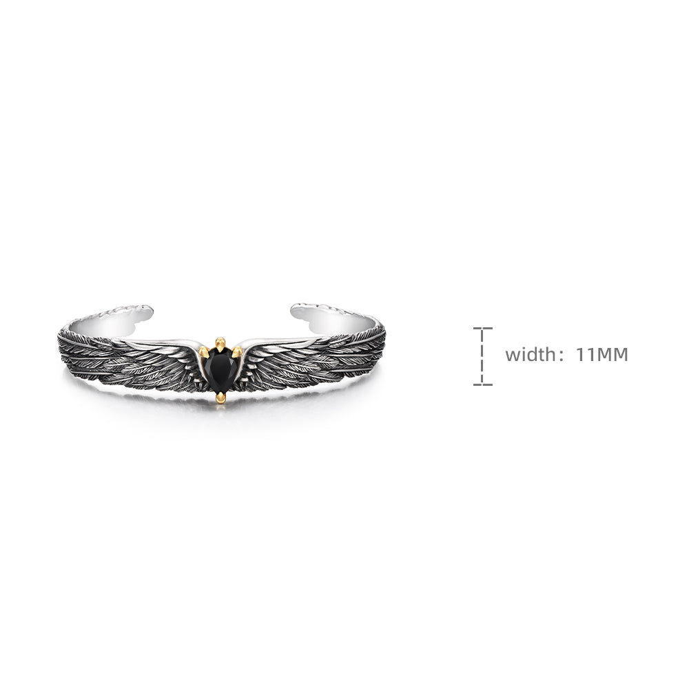 Adjustable 3D Eagle Bangle Bracelet with Natural Black Onyx Stone | 925 Sterling Silver
