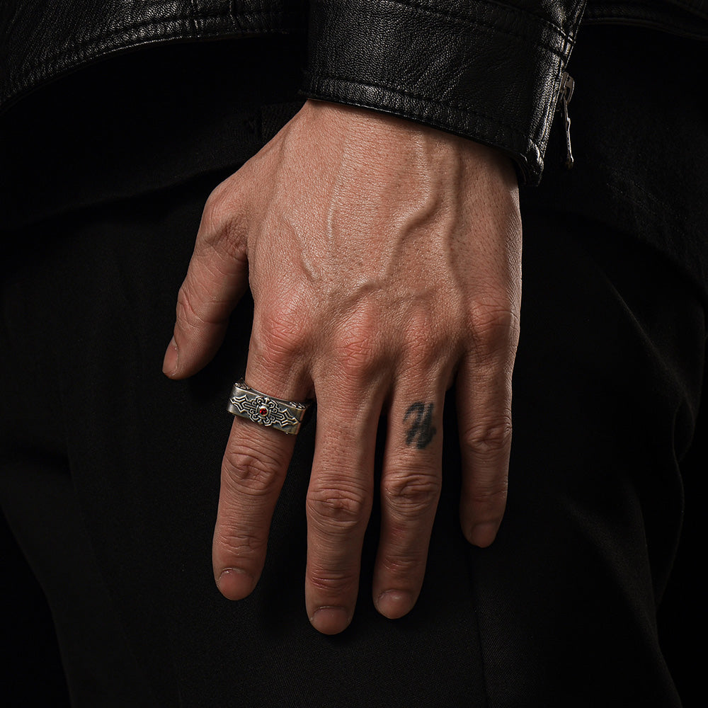 Square Emblem Silver Band | 925 Sterling, studded with Original Ruby