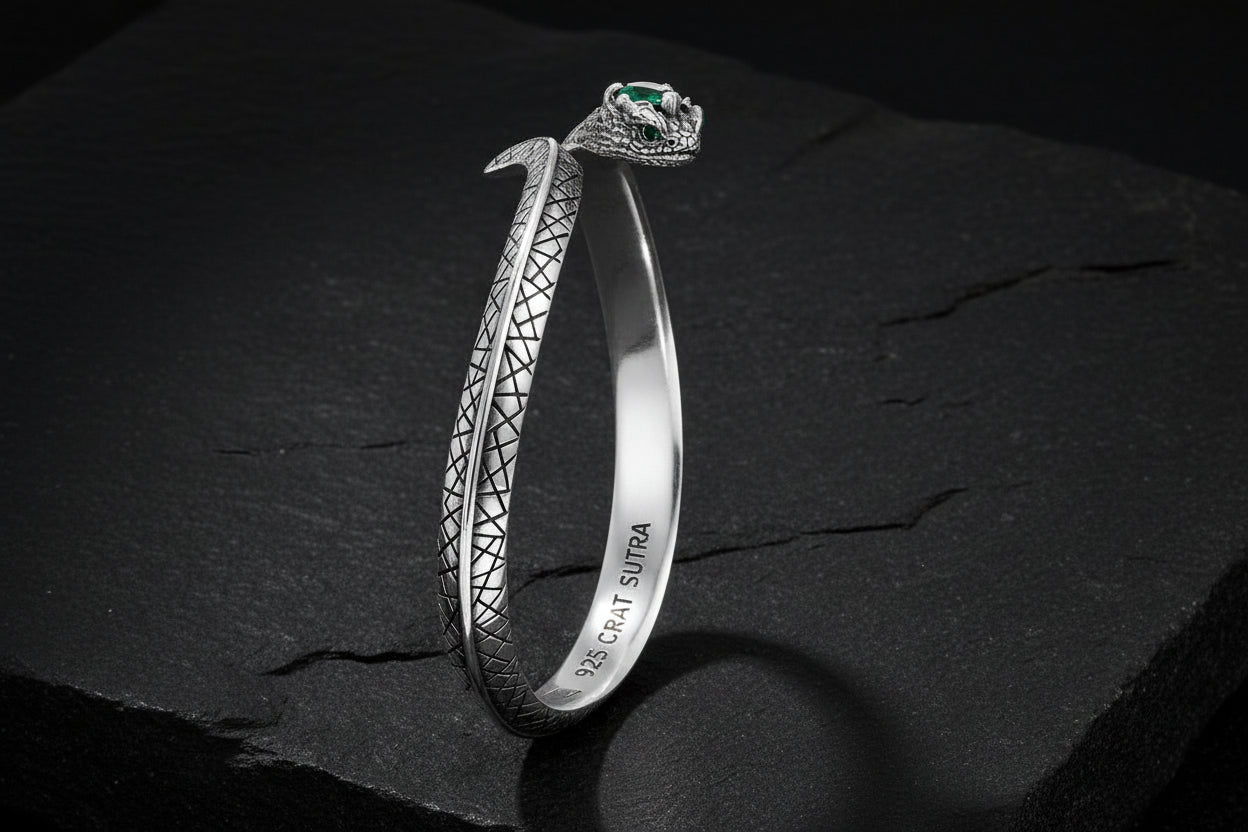 Adjustable 3D Snake Bangle Bracelet with Natural Emerald Stone Eyes | 925 Sterling Silver