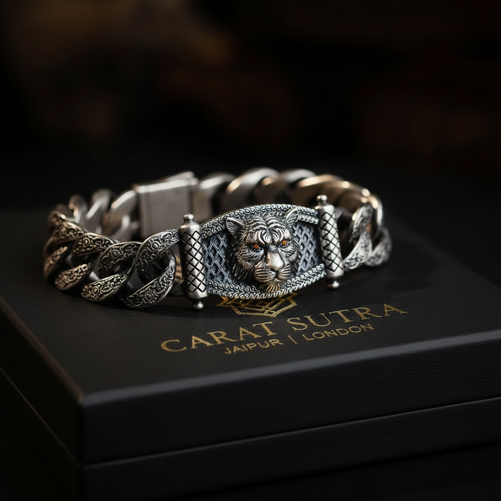 Vintage Beast Oxidized Tiger Face Cuban Link Bracelet | 925 Sterling Silver, Studded with Red Zircon Eyes