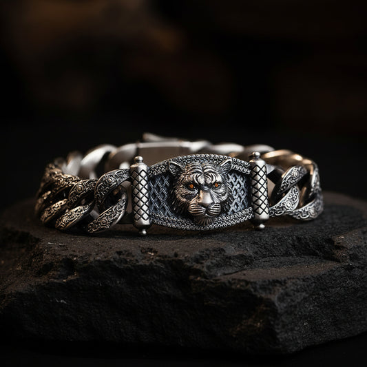 Vintage Beast Oxidized Tiger Face Cuban Link Bracelet | 925 Sterling Silver, Studded with Red Zircon Eyes