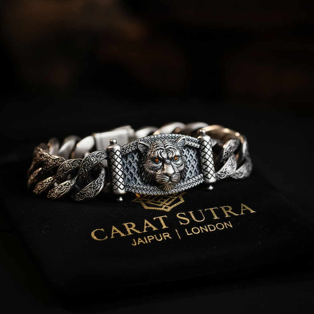 Vintage Beast Oxidized Tiger Face Cuban Link Bracelet | 925 Sterling Silver, Studded with Red Zircon Eyes
