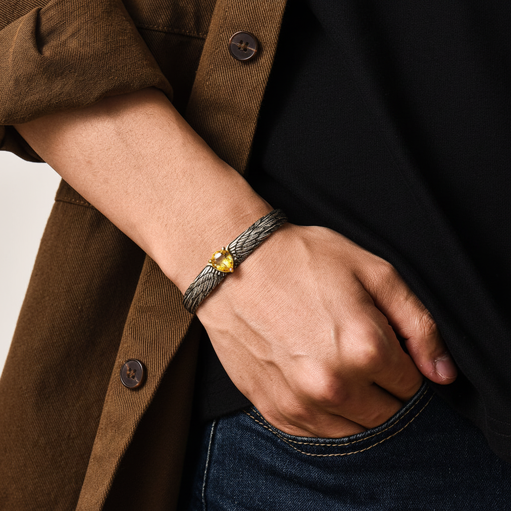 Adjustable 3D Eagle Bangle Bracelet with Natural Citrine (Sunela) Stone | 925 Sterling Silver