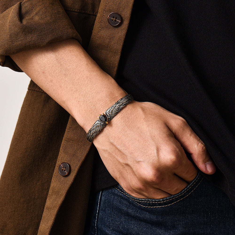 Adjustable 3D Eagle Bangle Bracelet with Natural Black Onyx Stone | 925 Sterling Silver