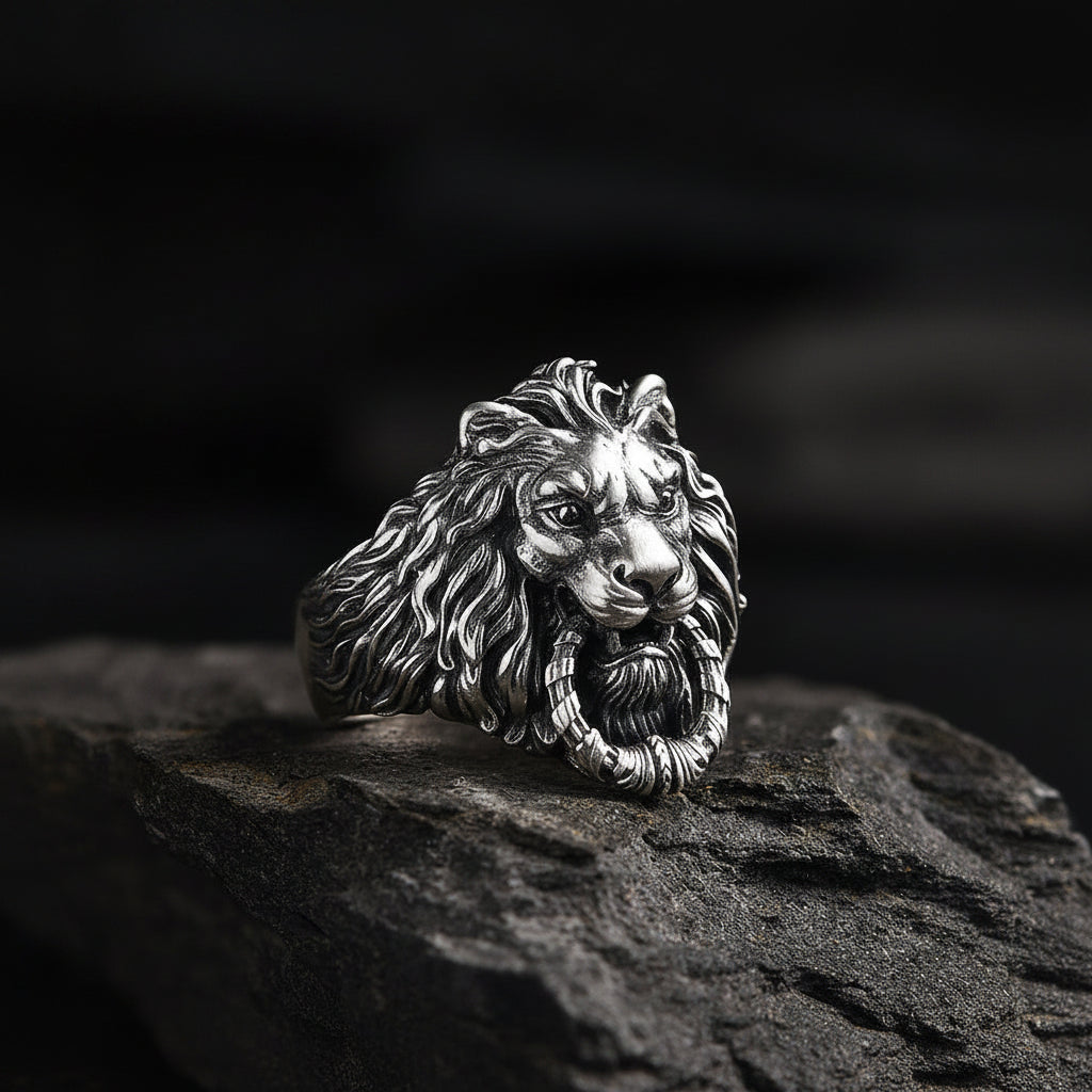 RARE PRINCE by CARAT SUTRA | Unique Designed Lion Door Knocker Ring | 925 Sterling Silver Oxidized Ring | With Certificate of Authenticity and 925 Hallmark - caratsutra