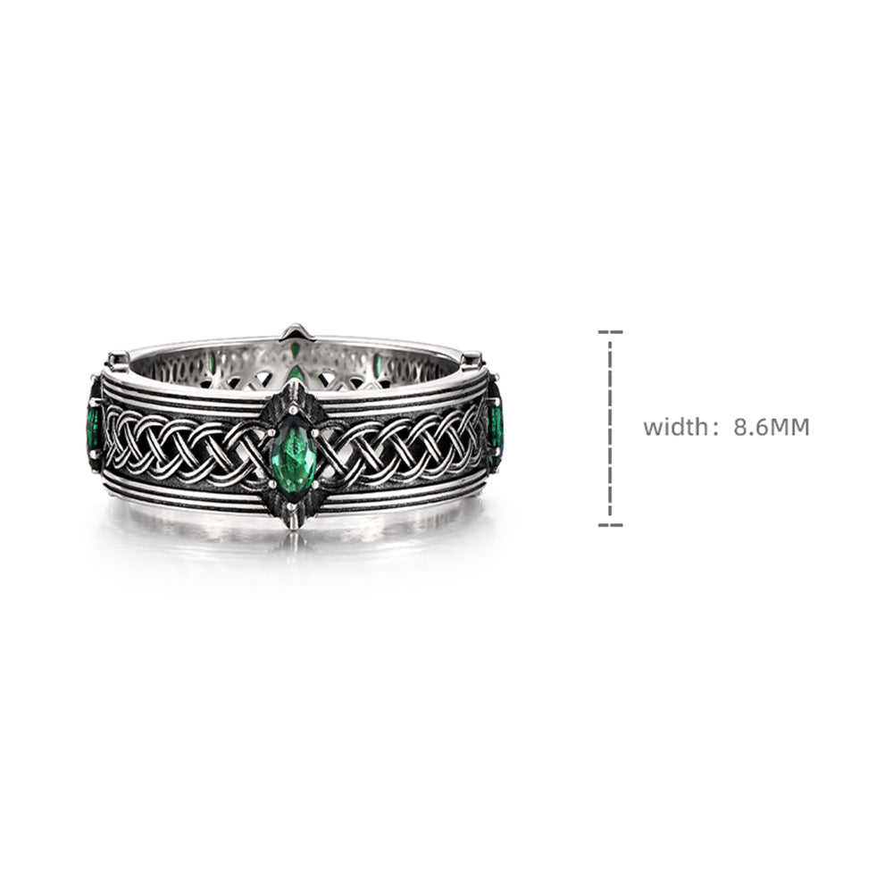 Vintage Celtic Knot Band studded with 4 Marquise Shaped Natural Emerald, Oxidized Sterling Silver 925 Ring