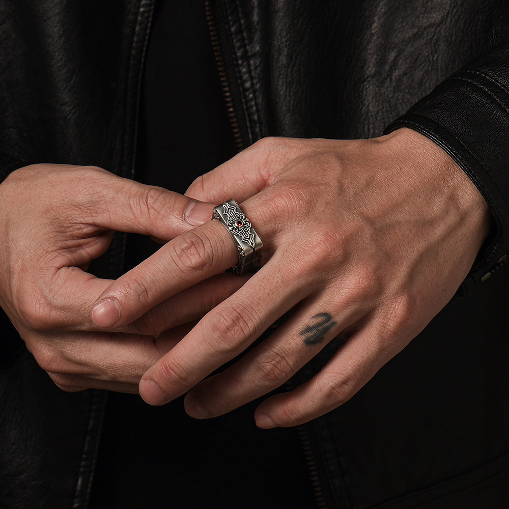 Square Emblem Silver Band | 925 Sterling, studded with Original Ruby