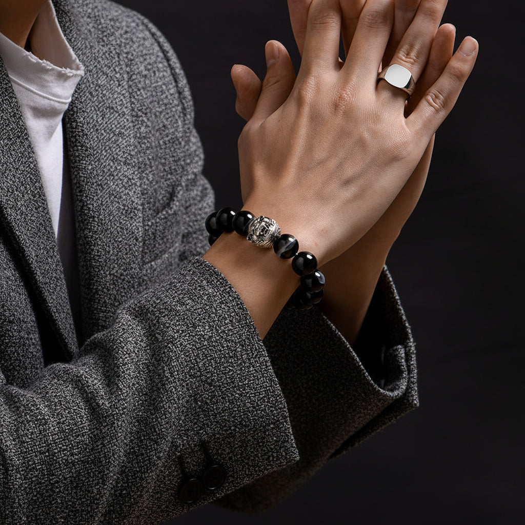 Vintage Oxidized Tiger Face Black Onyx Beads Bracelet | 925 Sterling Silver