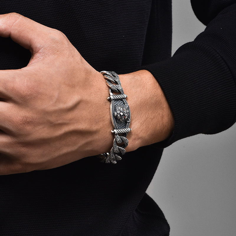 Vintage Beast Oxidized Tiger Face Cuban Link Bracelet | 925 Sterling Silver, Studded with Red Zircon Eyes