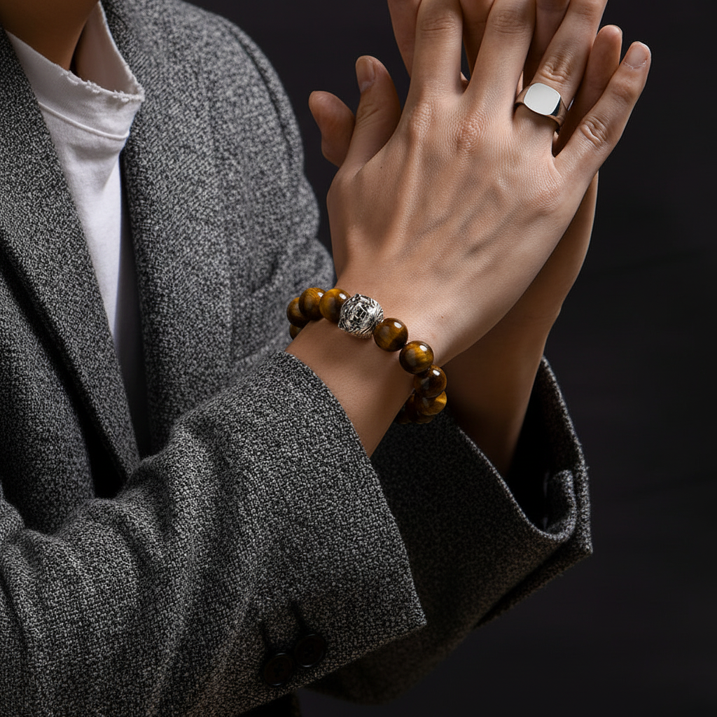 Vintage Oxidized Tiger Face Tiger Eye Beads Bracelet | 925 Sterling Silver