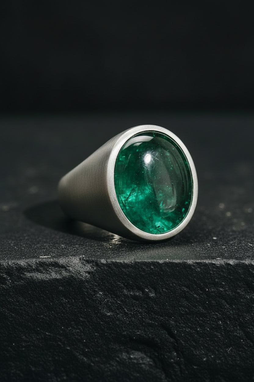 Matt Finish, Classic Style Ring with Natural Zambian Emerald Stone, Cabochon cut | 925 Sterling Silver | With Certificate of Authenticity and 925 Hallmark