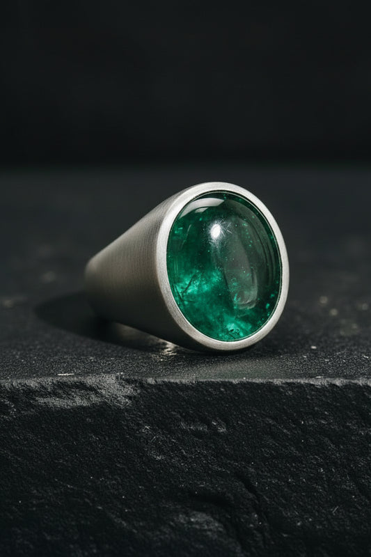 Matt Finish, Classic Style Ring with Natural Zambian Emerald Stone, Cabochon cut | 925 Sterling Silver | With Certificate of Authenticity and 925 Hallmark