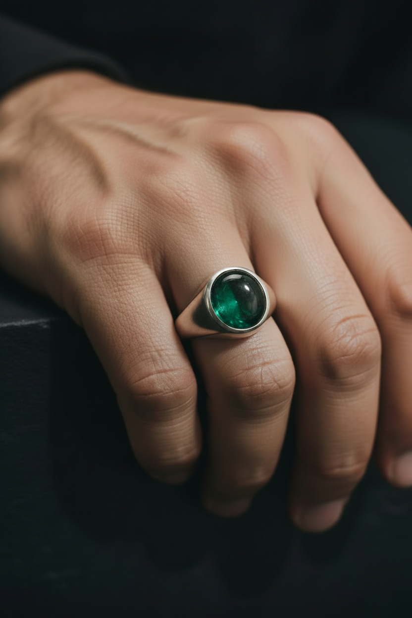 Matt Finish, Classic Style Ring with Natural Zambian Emerald Stone, Cabochon cut | 925 Sterling Silver | With Certificate of Authenticity and 925 Hallmark
