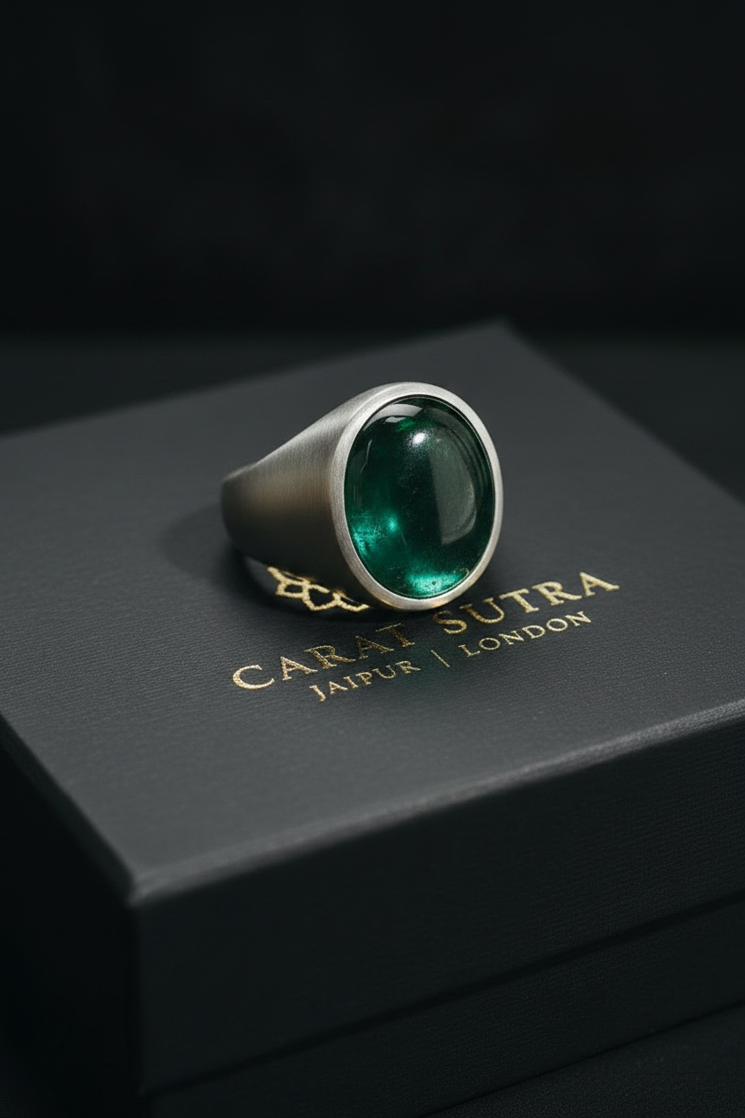 Matt Finish, Classic Style Ring with Natural Zambian Emerald Stone, Cabochon cut | 925 Sterling Silver | With Certificate of Authenticity and 925 Hallmark