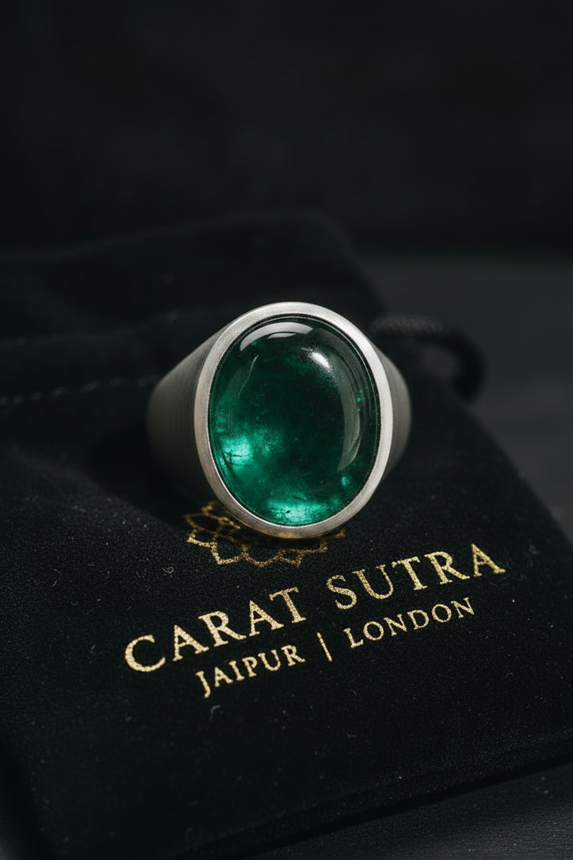 Matt Finish, Classic Style Ring with Natural Zambian Emerald Stone, Cabochon cut | 925 Sterling Silver | With Certificate of Authenticity and 925 Hallmark