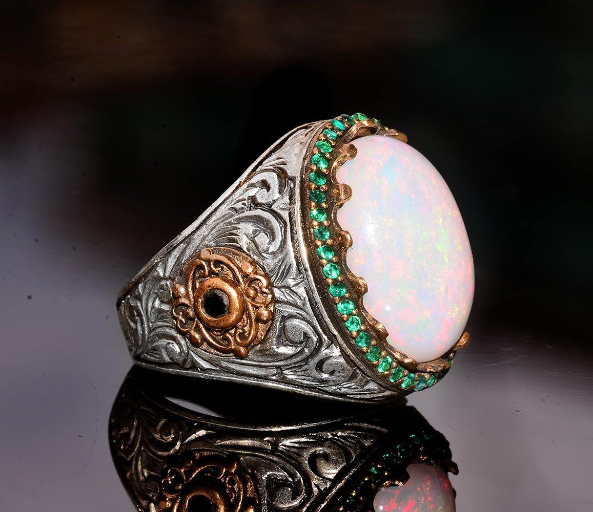 RARE PRINCE by CARAT SUTRA | Unique Designed Turkish Style Ring with Opal & Emerald | 925 Sterling Silver Oxidized Ring | Men's Jewelry | With Certificate of Authenticity and 925 Hallmark