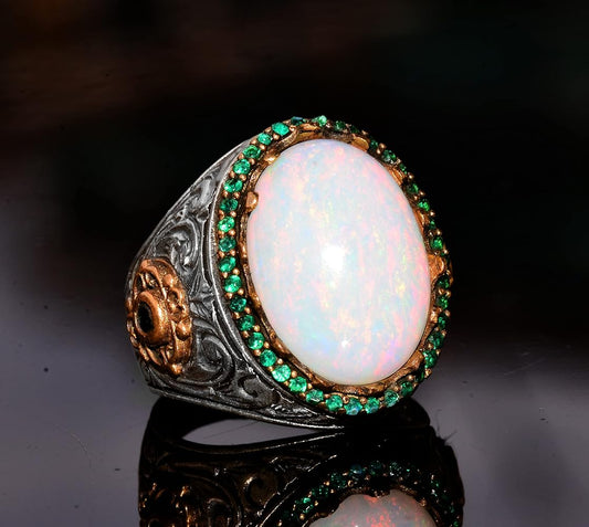 RARE PRINCE by CARAT SUTRA | Unique Designed Turkish Style Ring with Opal & Emerald | 925 Sterling Silver Oxidized Ring | Men's Jewelry | With Certificate of Authenticity and 925 Hallmark