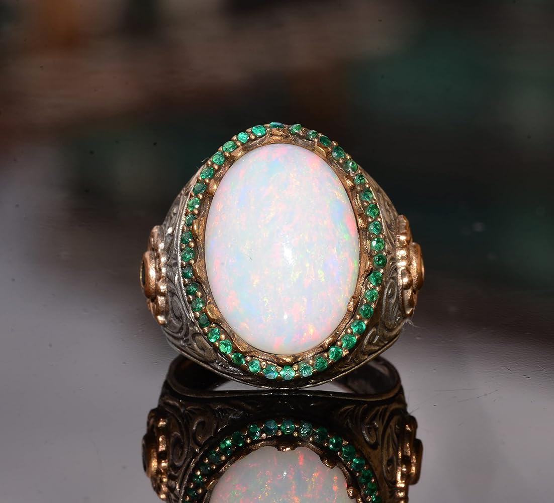 RARE PRINCE by CARAT SUTRA | Unique Designed Turkish Style Ring with Opal & Emerald | 925 Sterling Silver Oxidized Ring | Men's Jewelry | With Certificate of Authenticity and 925 Hallmark