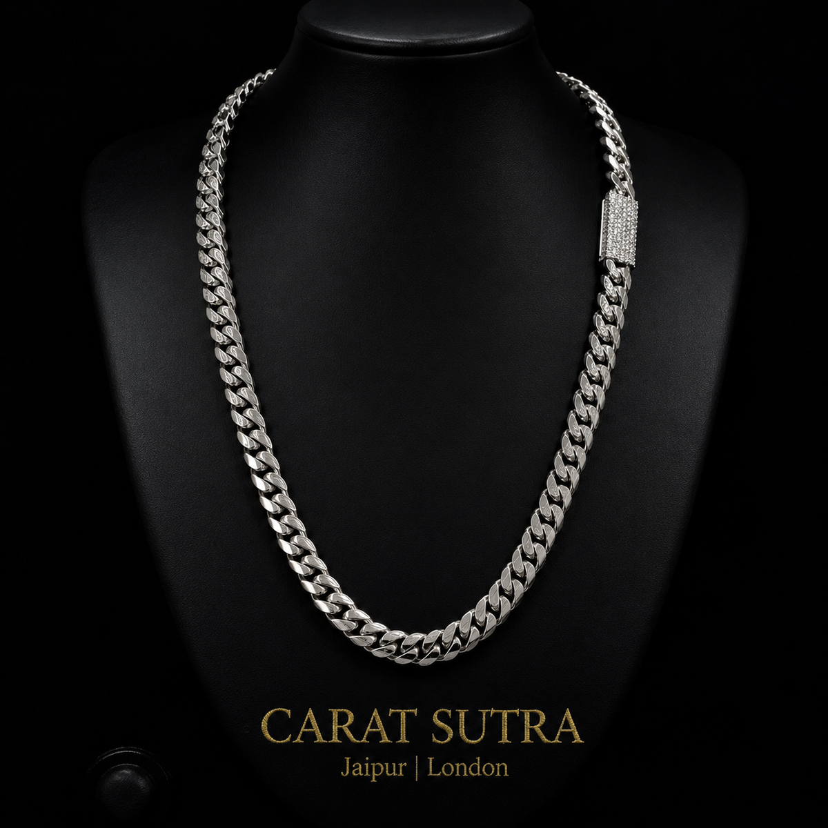 Solid 12mm Miami Cuban Link Chain with Iced Lock |  White Rhodium Plated on 925 Sterling Silver Chain with AAA+ Quality Swarovski Diamonds