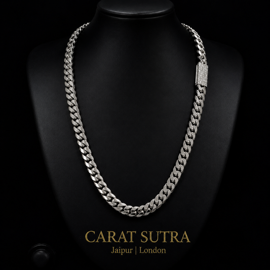 Solid 12mm Miami Cuban Link Chain with Iced Lock |  White Rhodium Plated on 925 Sterling Silver Chain with AAA+ Quality Swarovski Diamonds