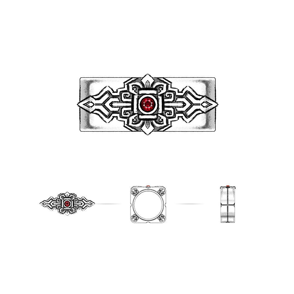 Square Emblem Silver Band | 925 Sterling, studded with Original Ruby