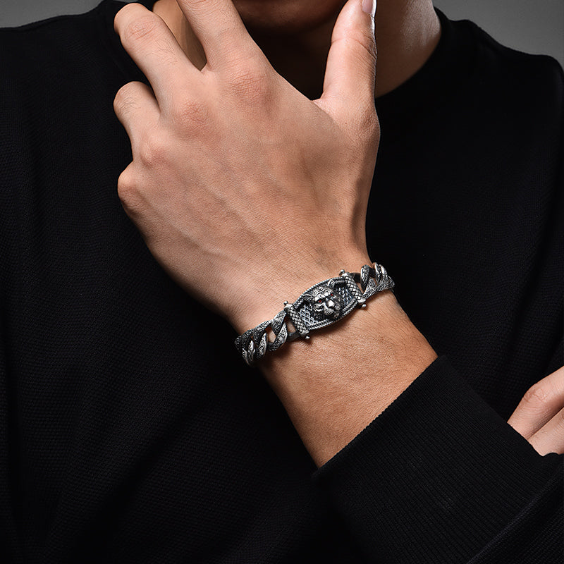 Vintage Beast Oxidized Tiger Face Cuban Link Bracelet | 925 Sterling Silver, Studded with Red Zircon Eyes