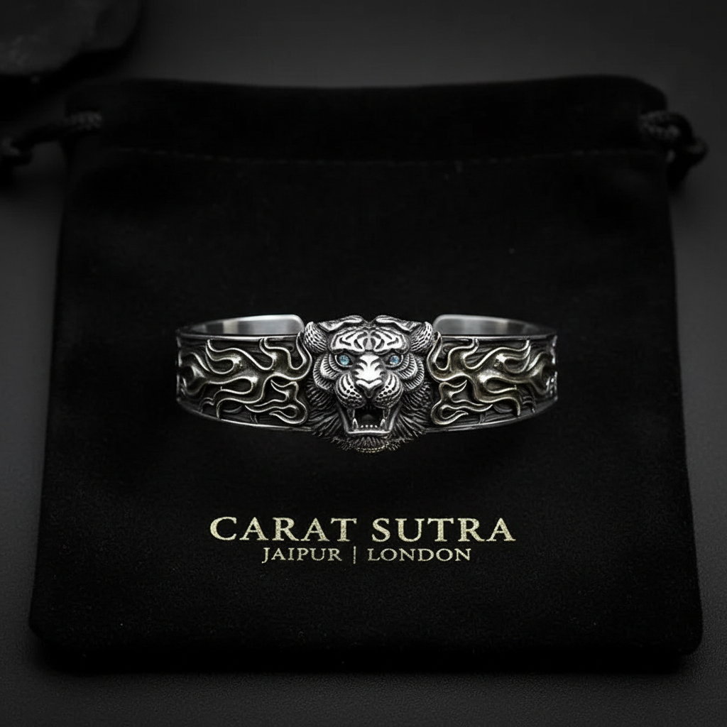 RARE PRINCE by CARAT SUTRA | Unique 925 Silver Oxidized Tiger Cuff Bracelet with Blue Eyes | Bracelet for Men | 925 Sterling Silver Cuff | Men's Jewelry | With Certificate of Authenticity and 925 Hallmark