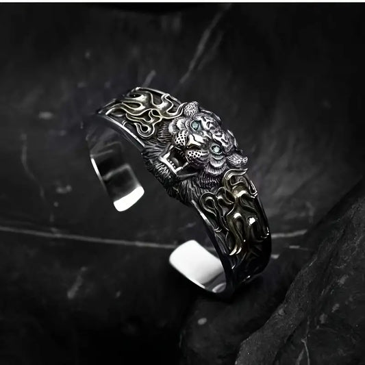 RARE PRINCE by CARAT SUTRA | Unique 925 Silver Oxidized Tiger Cuff Bracelet with Blue Eyes | Bracelet for Men | 925 Sterling Silver Cuff | Men's Jewelry | With Certificate of Authenticity and 925 Hallmark