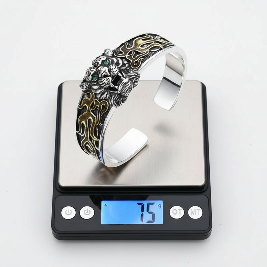 RARE PRINCE by CARAT SUTRA | Unique 925 Silver Oxidized Tiger Cuff Bracelet with Blue Eyes | Bracelet for Men | 925 Sterling Silver Cuff | Men's Jewelry | With Certificate of Authenticity and 925 Hallmark