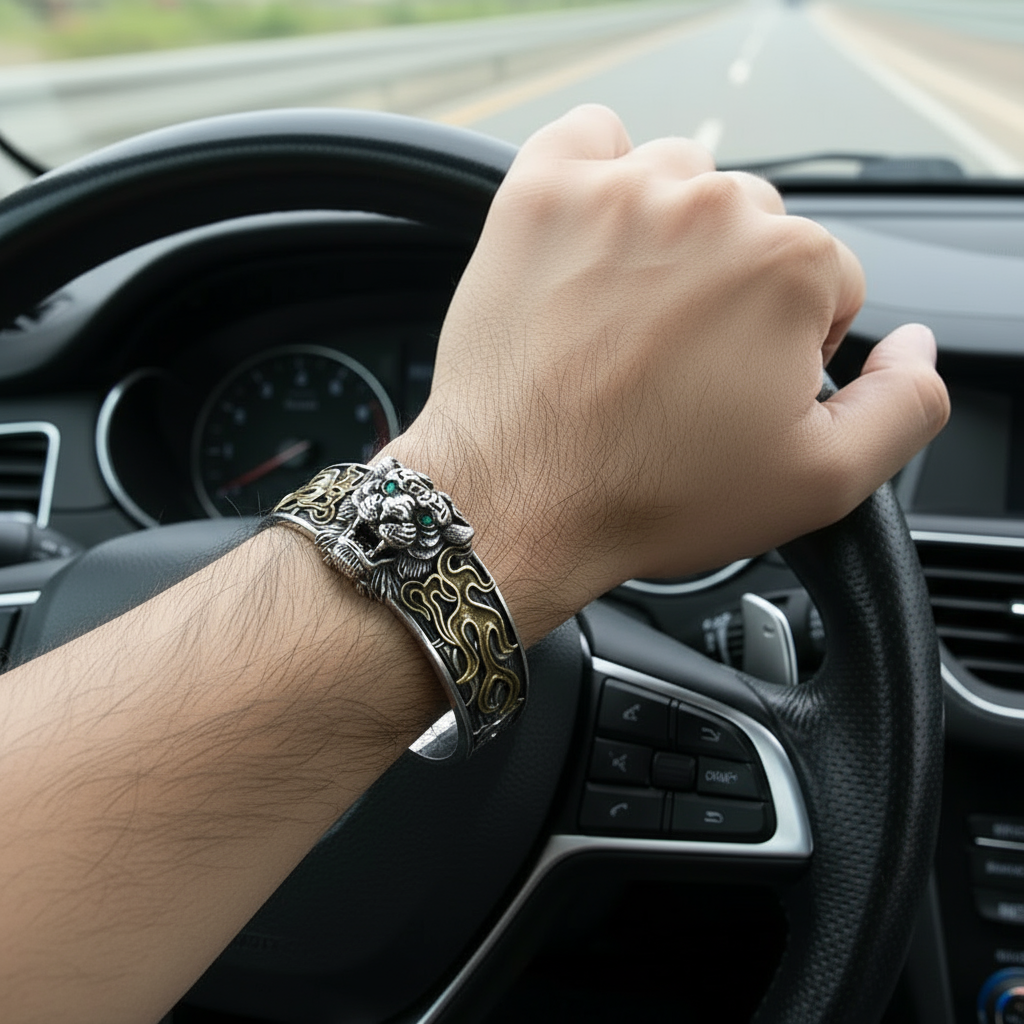 RARE PRINCE by CARAT SUTRA | Unique 925 Silver Oxidized Tiger Cuff Bracelet with Blue Eyes | Bracelet for Men | 925 Sterling Silver Cuff | Men's Jewelry | With Certificate of Authenticity and 925 Hallmark