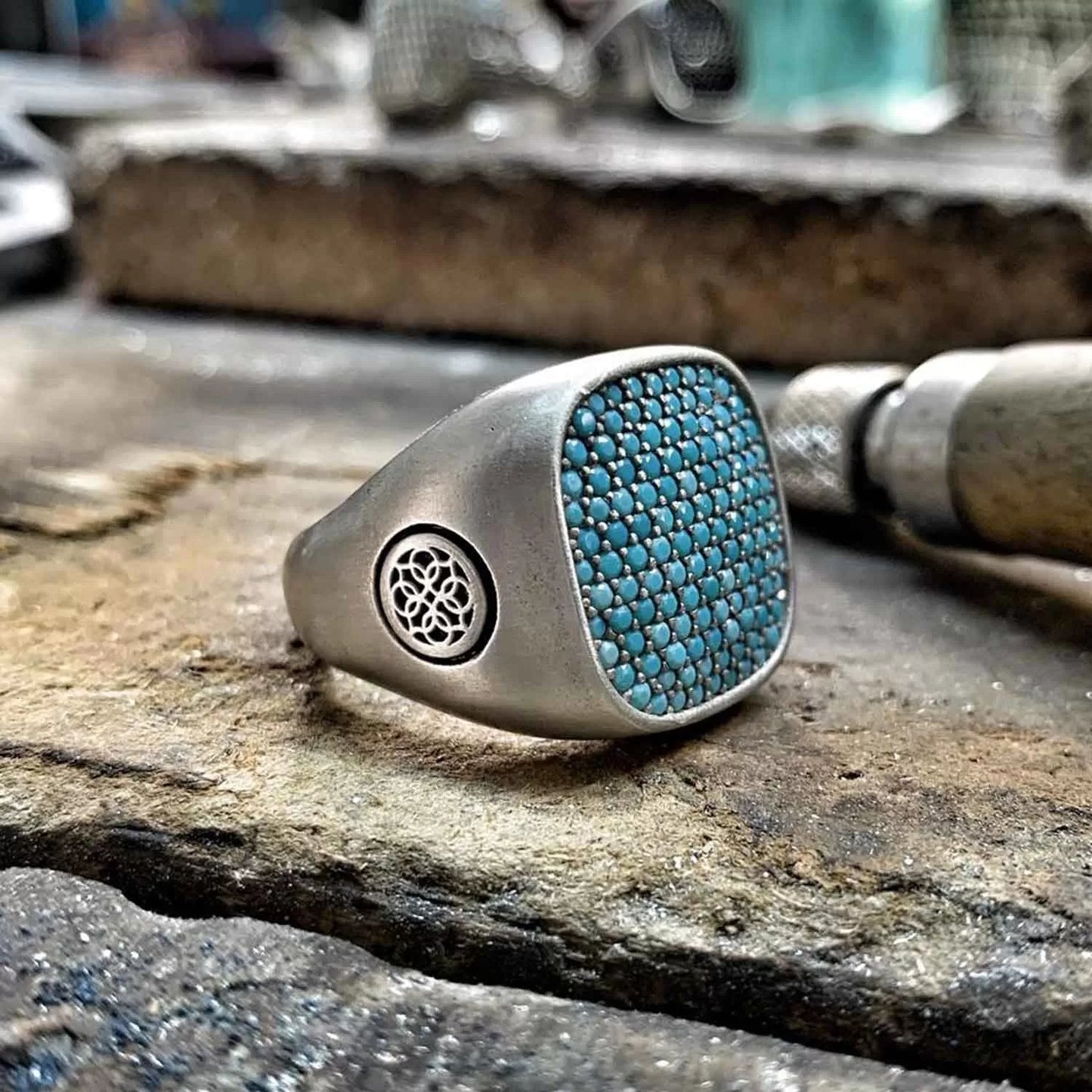 RARE PRINCE by CARAT SUTRA | Unique Designed Turkish Style Ring with Multiple Natural Turquoise Stone Ring | 925 Sterling Silver Oxidized Ring | Men's Jewelry | With Certificate of Authenticity and 925 Hallmark