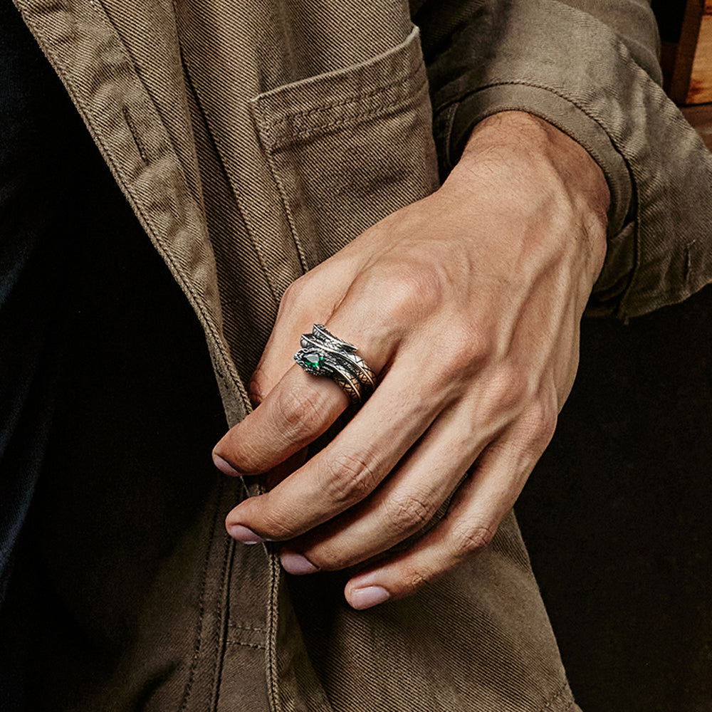 RARE PRINCE by CARAT SUTRA | Adjustable Unique Designed Snake Ring with Natural Emerald | 925 Sterling Silver Oxidized Ring | With Certificate of Authenticity and 925 Hallmark