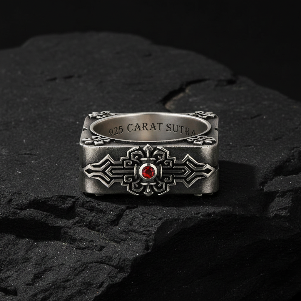 Square Emblem Silver Band | 925 Sterling, studded with Original Ruby