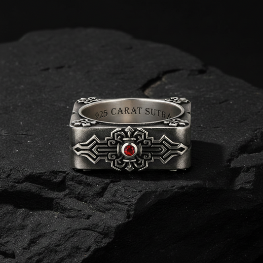 Square Emblem Silver Band | 925 Sterling, studded with Original Ruby