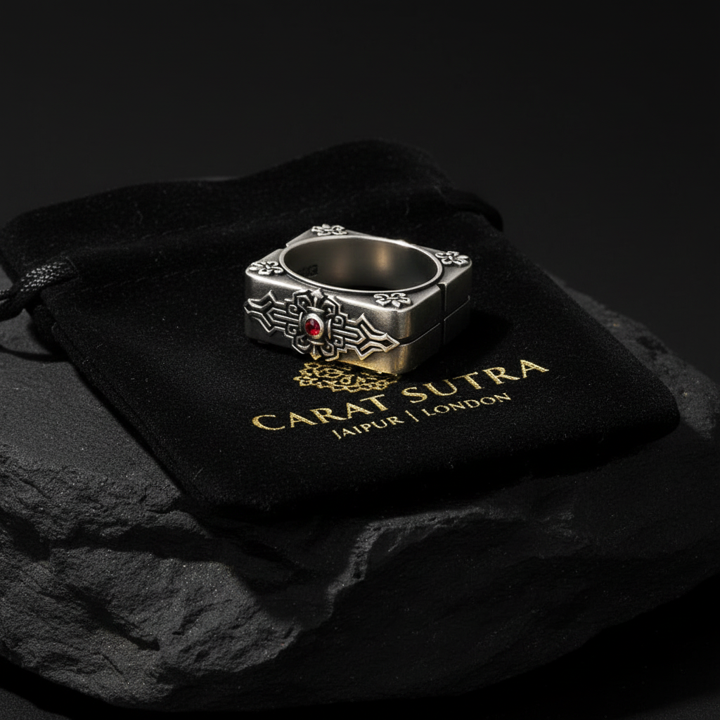 Square Emblem Silver Band | 925 Sterling, studded with Original Ruby