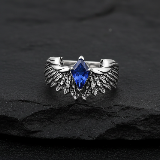 RARE PRINCE by CARAT SUTRA | Exclusive Feather Band studded with Natural Blue Sapphire, Oxidized Sterling Silver 925 Ring | With Certificate of Authenticity and 925 Hallmark