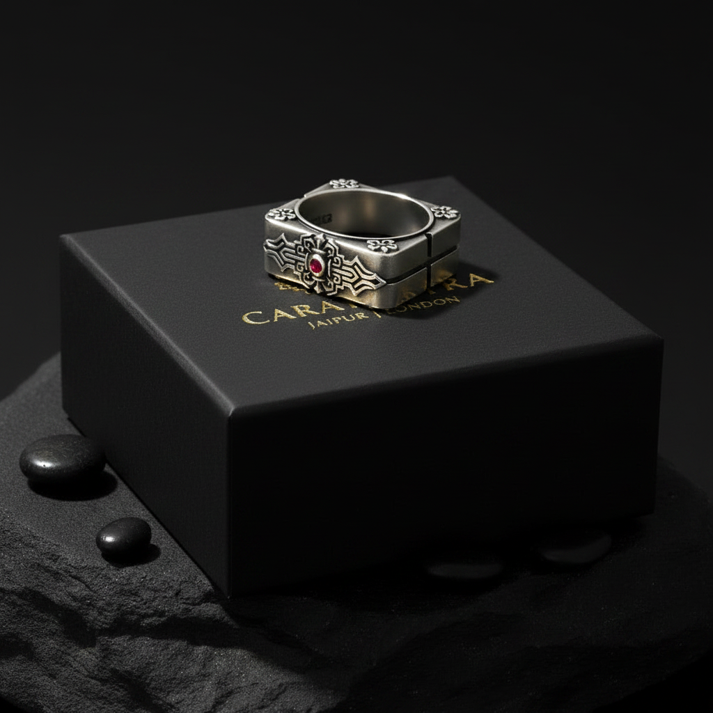 Square Emblem Silver Band | 925 Sterling, studded with Original Ruby