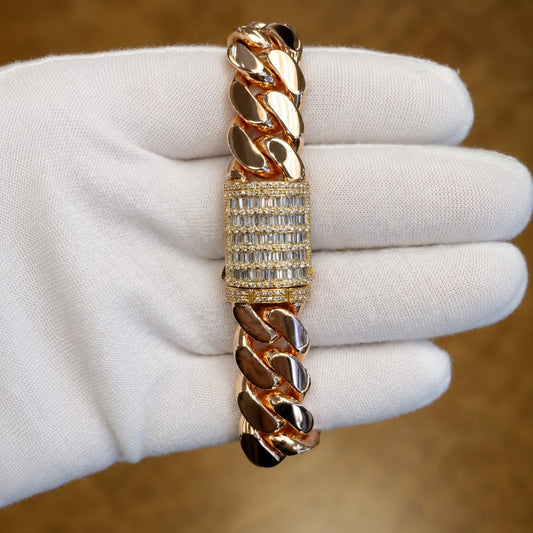 RARE PRINCE by CARAT SUTRA | 16mm wide Solid Miami Cuban Link Bracelet With Iced Lock in Baguettes | Rosegold Plated 925 Sterling Silver Bracelet | Men's Jewelry | With Certificate of Authenticity and 925 Hallmark - caratsutra