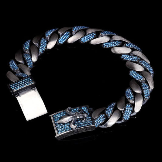 16mm wide, Unique Fleur-De-Lis Blue Iced Cuban Link Bracelet for Men | Dark Oxidized 925 Silver Bracelet