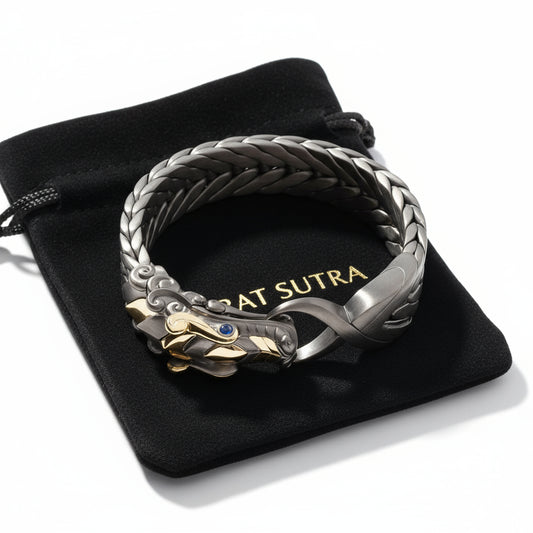 RARE PRINCE by CARAT SUTRA |  Naga Oxidized Dragon Bracelet with Blue Eyes in Gun Metal Finish | 925 Sterling Silver Oxidized Bracelet | Unisex Jewelry | With Certificate of Authenticity and 925 Hallmark