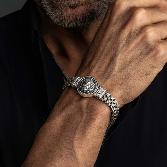 12mm Lion Medallion Handwoven Bracelet | 925 Sterling Silver with Hallmark