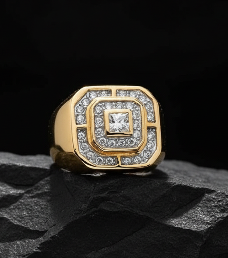 RARE PRINCE by CARAT SUTRA | Exclusive Classic Gold Signet Statement Ring Studded with CZ white zircons | 22kt Gold Plated Sterling Silver 925 Ring | Jewellery for Men| With Certificate of Authenticity and 925 Hallmark