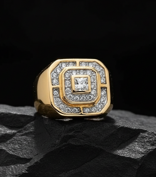 RARE PRINCE by CARAT SUTRA | Exclusive Classic Gold Signet Statement Ring Studded with CZ white zircons | 22kt Gold Plated Sterling Silver 925 Ring | Jewellery for Men| With Certificate of Authenticity and 925 Hallmark