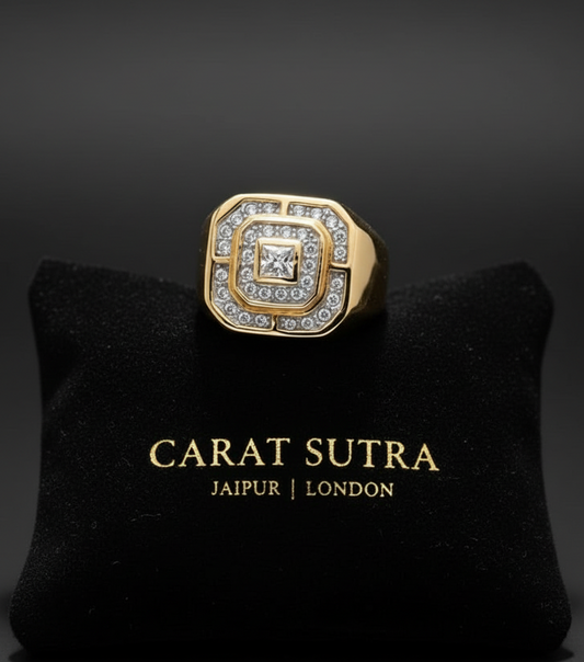 RARE PRINCE by CARAT SUTRA | Exclusive Classic Gold Signet Statement Ring Studded with CZ white zircons | 22kt Gold Plated Sterling Silver 925 Ring | Jewellery for Men| With Certificate of Authenticity and 925 Hallmark - caratsutra