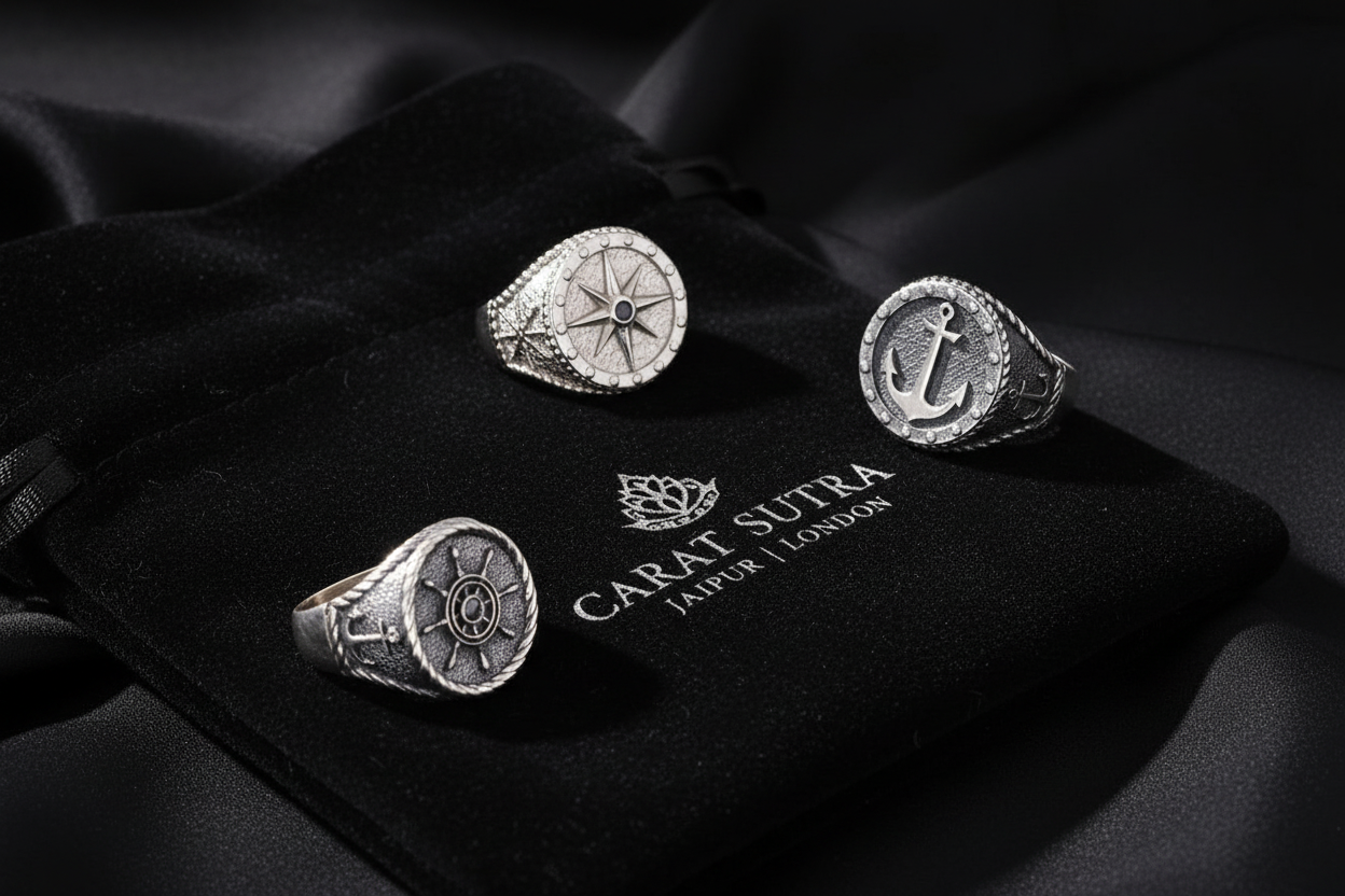 RARE PRINCE by CARAT SUTRA | Exclusive Oxidised Signet Style Sailor's Anchor Ring, Sterling Silver 925 Ring | Jewellery for Men| With Certificate of Authenticity and 925 Hallmark